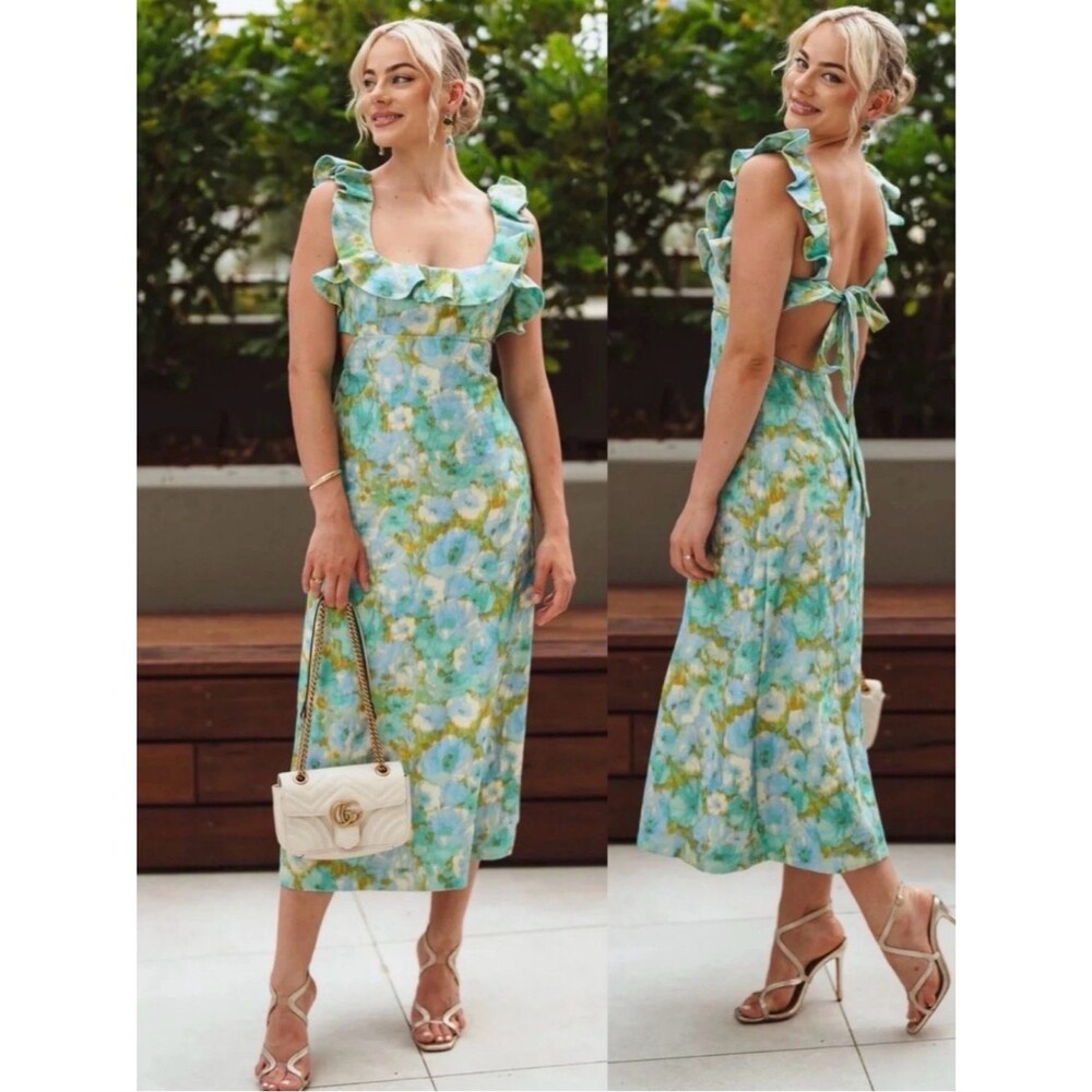NWT Zimmermann High Tide Frilled Midi Linen Summer Dress Aqua Ikat Floral Small